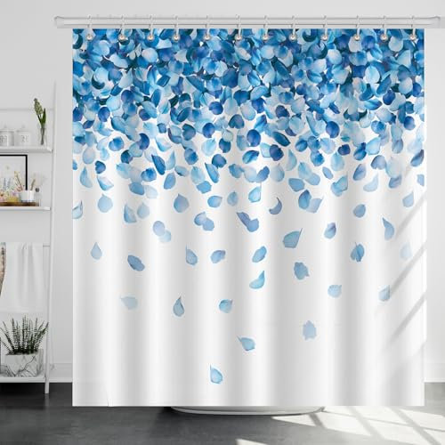 Dazzlewall Rideau de Douche Fleurs Pétales de Bleues Dégradé 180x180cm, Rideaux de Douche Tissu Polyester Imperméable Anti Moisissure Lavable pour Baignoire et Bain avec 12 Crochets