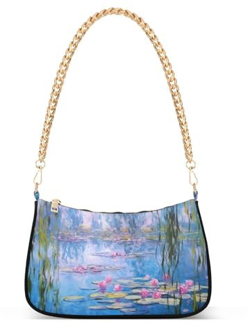 Traditional Hawaiian Style Floral Shoulder Bag with Zipper, Trendy Shoulder Purse, Water Lilies and Willows By Claude Monet, One Size