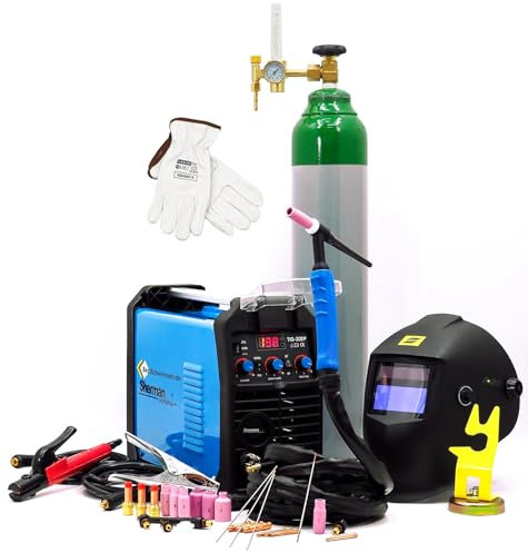 Bestschweissen.de Sherman TIG 202P DC WIG Schweißgerät 200A IGBT Puls Set mit Gasflasche Argon, Automatik Schweißhelm, Schweißerhandschuhe, Druckminderer, Schweißmagnet Zubehör