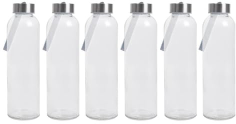 YöL Clear Glass Bottles with Lids, 6 Pack 500ml with Stainless Steel Lids, Drinking Bottles, Leak Proof, Reusable - For Cold Drinks - Work Gym Home - Water Juice Smoothies