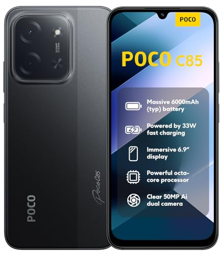 XIAOMI POCO C85, Smartphone 8+256GB, 6.9 120Hz Display 7.99mm Design, MediaTek Helio G81-Ultra Octa-core, 50MP AI dual camera, 6000mAh, Black, Charger Not Included