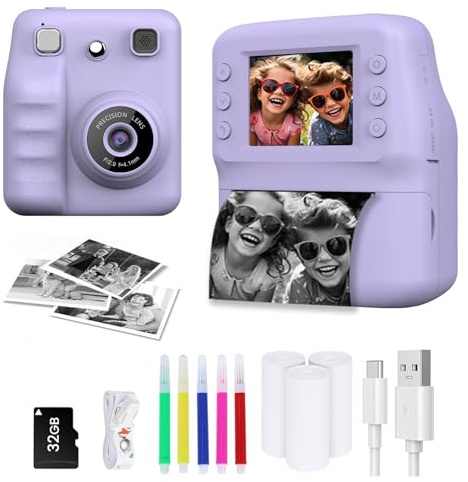 Kinderkamera Sofortbildkamera, 48MP Sofortbildkamera Kinder mit 32GB Karte & Druckpapier, 1080P Digitalkamera Kinder mit 10X, Geschenke für Jungen und Mädchen 3-12 Jahre,Lila