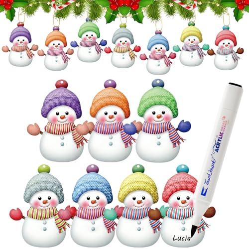 7 Stück Personalisierter Weihnachts+1 Stück Schwarzer Stift | Farbige Weihnachts-Schneemann-Anhänger, Christbaumschmuck Schneemann Weihnachtsbaum Anhänger für Familie und Freunde