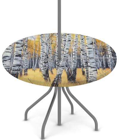 Myfsucce Wasserdichte Tischdecke für den Außenbereich, mit Schirmloch, Reißverschluss, gelber Birkenwald, elastische Gartentischdecke mit Sonnenschirmloch, passend für Terrasse, runder Tisch, 91,4