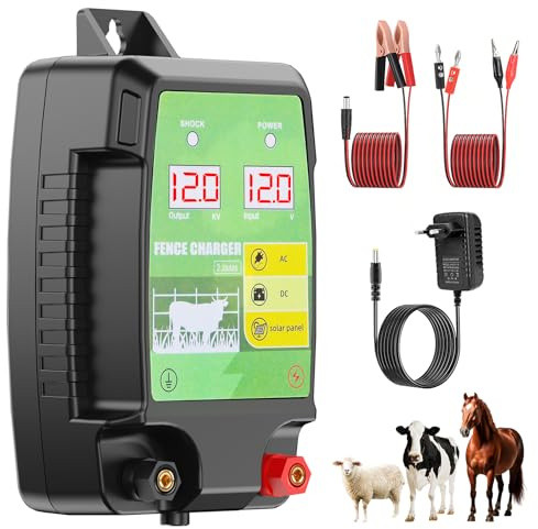12KM Clôture Électrique pour Bétail Animaux, 12kV 3.0J Tension de Sortie Électrificateur Clôture Électrique avec Affichage LED, Protection pour Chevaux Moutons Chien Jardin Pâturages (Noir-Vert)