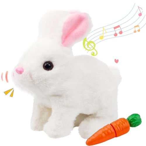 Bukbas Elektrischer Hase Plüschtier Spielzeug, Interaktives Hoppelnder Hase Spielzeug mit Karotte, Osterhase Kuscheltier mit Geräuschen Bewegungen, Hüpfendes Kaninchen, Hasen Ostergeschenke Kinder