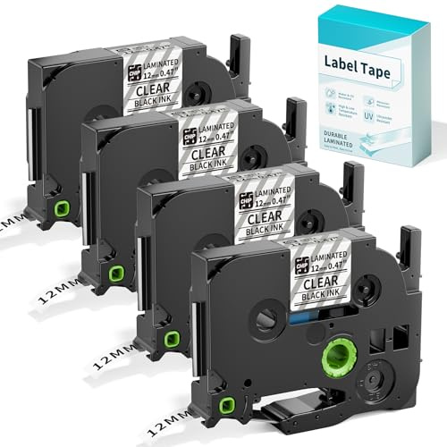 H1100 Beschriftungsband Transparent, 12 mm 0,47 Zoll laminiertes Transparentband, leicht ablösbare wasserfeste Etiketten für Haushalt, Büro und Schule, 12 mm × 8 m (1/2 × 26,2 Fuß), 4er-Pack