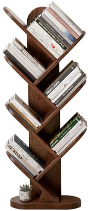 YESWOOD Solid Wood Tree Bookshelf, 8-Tier Floor Standing Bookcase, 100% Solid Oak Wooden Book Shelf, Space-Saving Corner Shelf for Living Room, Bedroom, Home Office (Oak, Walnut Finish)