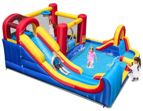 COSTWAY Hüpfburg mit Wasserrutsche, Kletterwand, Sprungbereich, Wasserkanone, Planschbecken & Basketballkorb, Wasserhüpfburg für Kinder, Wasserpark für Außenbereich, 450 x 392 x 216 cm