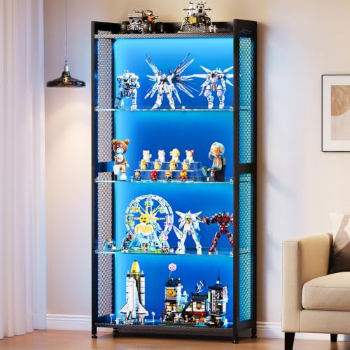 Coleshome Vitrina LED RGB Cristal, Expositor Metálico, 160cm, Negro | Montaje Fácil Rejilla Industrial Acero Cristal Templado Abierto Multifunción Salón Gaming Oficina
