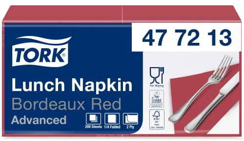 Tork 477213 Lunchservietten Bordeauxrot / 2-lagige Servietten für kleine Gerichte & Snacks / Advanced Qualität / 10 x 200 (2000) Papierservietten / 32,6 x 33 cm (B x L) / 1/4-Falz