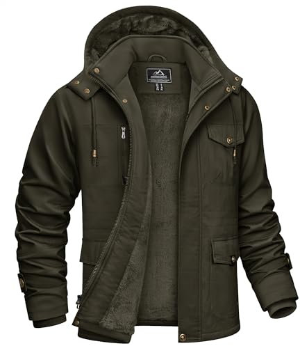 KEFITEVD Herren Fliegerjacke Winter Cargo Jacke Gefüttert Warm Parka mit Abtrennbar Kapuze Windjacke Outdoor Winddicht Kapuzenjacke Männer Atmungsaktiv Fleecejacke Dunkeloliv M (Etikett: 3XL)