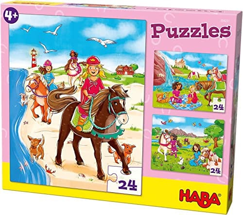 HABA 304221 - Puzzles Pferdefreundinnen, 3 Puzzles mit je 24 Teilen; 3 unterschiedliche Pferde- und Reitmotive, Puzzlespaß ab 4 Jahren