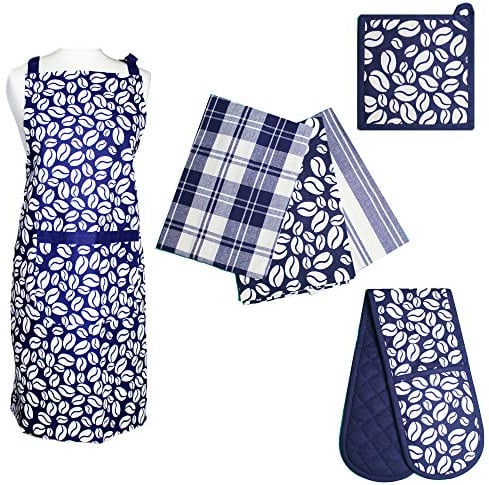 Prime Homewares Navy Blue Bean Design Pot Holder, Oven Glove, Tea Towels, Apron Navy Blue Bean Design (Full 6pc Set)
