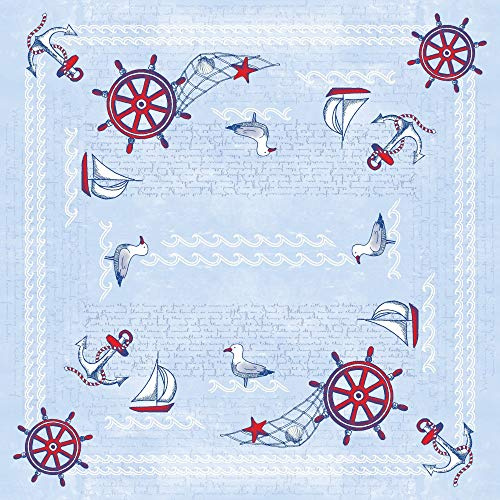 Sovie HORECA Airlaid Tischdecke MEERESBRISE, 80x80cm, 20 Stück, mit maritimen Designelementen wie Segelschiff, Steuerrad, Anker und Seemöwen in Blau – ideal für Gastronomie und Veranstaltungen