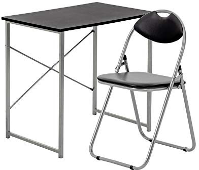 Harbour Housewares Industrial Office Desk & Chair Set - 80cm - Black/Black - PC Computer Workstation Contemporary Laptop Durable Tubular Steel Compact Wooden Desk and Folding Chair for Study, Offices
