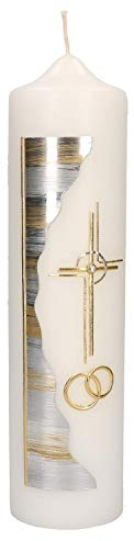 Butzon & Bercker Hochzeitskerze mit Wachsmotiv 26,5 cm Silber Gold Ringe Symbol und Kreuz