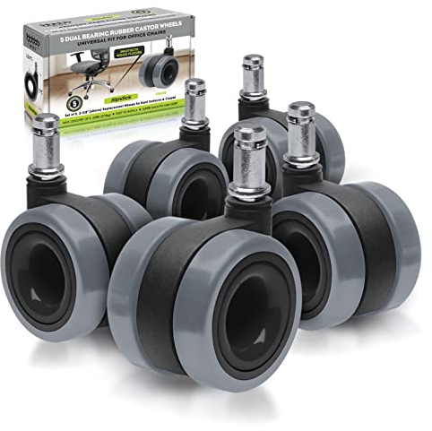 Slipstick CB685 Bürostuhlrollen aus Gummi (Set mit 5 Rollen), universelle Passform, Ersatzrollen, für Hartholzböden und Teppich, 2-3/8 Zoll Doppelrollen, 1,2 cm Vorbau