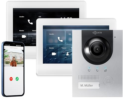 GOLIATH Full-HD Video Türsprechanlage, Aufputz Türstation in Silber, 1 Familienhaus Set, 2X Touchscreen Monitor weiß, 2 Draht Bus Gegensprechanlage, 2 Megapixel Kamera, 180° Weitwinkel, AV-BUS-117