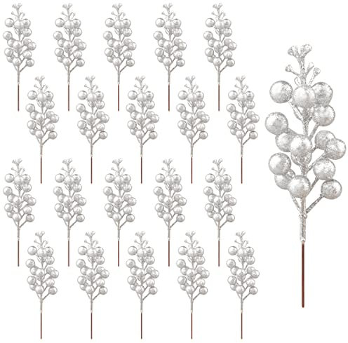 Jangostor 20 Piezas Decoración de Bayas,Palillos Artificiales de Bayas Acebo Bayas Ramas Tallos de Bayas navideñas para el árbol de Navidad Temporada de Vacaciones Decoración de Invierno (Plata)