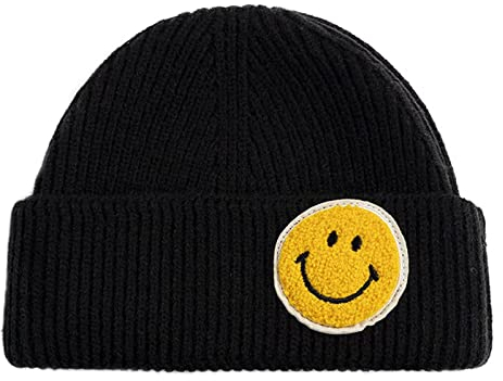 jnpemvq Smiley-Beanie-Mütze für Damen, bestickt, warm, gestrickt, mit Bündchen, dick, weich, schwarz, Einheitsgröße