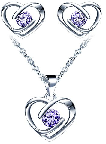 Yumilok-Collar de mujer pendientes de Plata de ley Pendientes de plata esterlina Corazón calado y engaste de circonita Conjunto de combinación de colgante Moderno y hermoso(Morado claro)