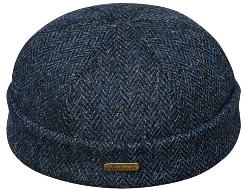 Sterkowski Docker Cap | Echte schottische Harris Tweed Beanie für Damen und Herren | warme traditionelle Totenkopfmütze aus reiner Wolle, blau / schwarz, 55 EU