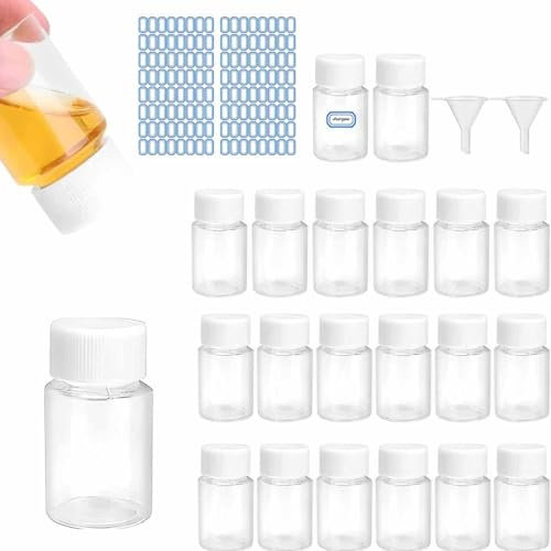 Norhogo 50 flaconi di plastica portatile con coperchio a vite, contenitore per bottiglie di plastica vuote Contenitore, 20 ml, 55 * 30mm, per cosmetici, campeggio, lozione, con 2 adesivi, imbuto