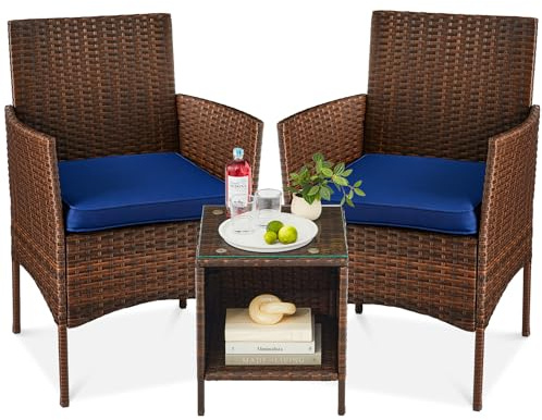 Best Choice Products 3-Piece Outdoor Wicker Conversation Bistro Set, Space Saving Patio Furniture for Garden w/Side Table - Brown/Navy