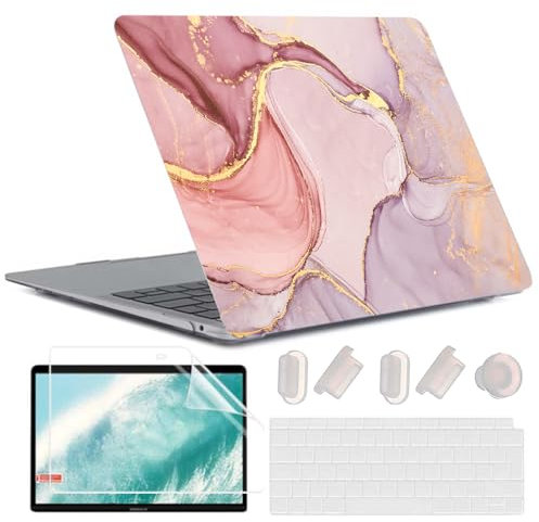 MUSHUI for MacBook Air 13 Inch Case 2020 2019 2018 Model M1 A2337 A2179 A1932 - Translucent Plastic Printed Pattern Hard Shell & Keyboard Cover & Screen Protector for Mac Air 13.3, Pink Marble