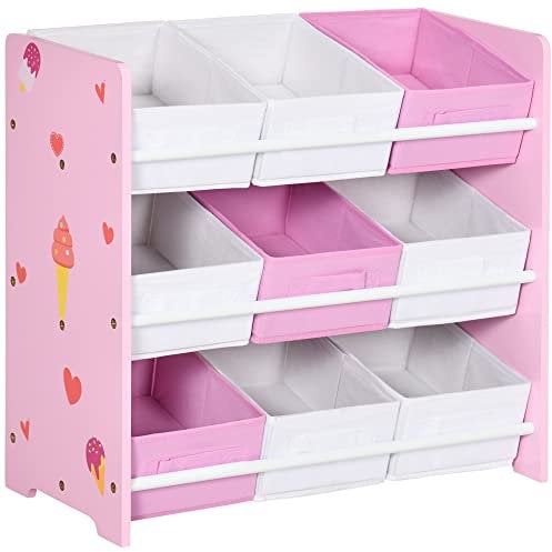 ZONEKIZ Kids Storage Unit Toy Box Organiser Bookshelf w/Nine Removable Baskets, for Bedroom, Nursery, Playroom - Pink