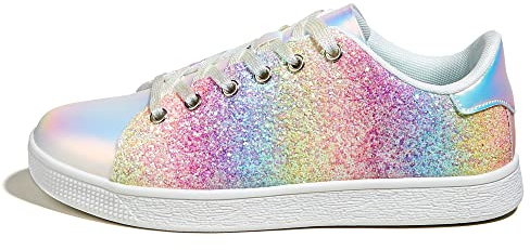 LUCKY STEP Damen Glitzer Sneaker | Schnüren Mode Schuhe | Glitzernde Bunt Turnschuhe für Damen (Regenbogen, 8US-38EU-5UK)