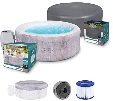 Bestway Lay-Z-SPA Cancun AirJet™ Whirlpool, 180 x 66 cm, 2-4 Personen, rund, graue Rattan-Optik + Xtras EnerySense Thermo-Komplettabdeckung Ø 180 x 66 cm, rund