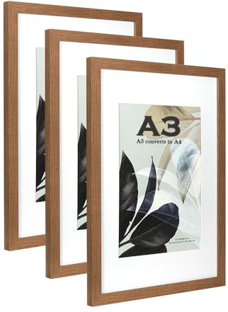 Brown Wooden Picture Frame A3 with Mat,Set of 3, Mount for A4 Picture or Certificate,Wall Mountable