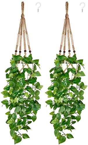 Mkono 2 Packs Fake Hanging Plant with Pot, Artificial Plants for Home Decor Indoor Macrame Plant Hanger with Faux Vine Hanging Planter Greenery for Bedroom Bathroom Office Decor, Brown (Pothos)