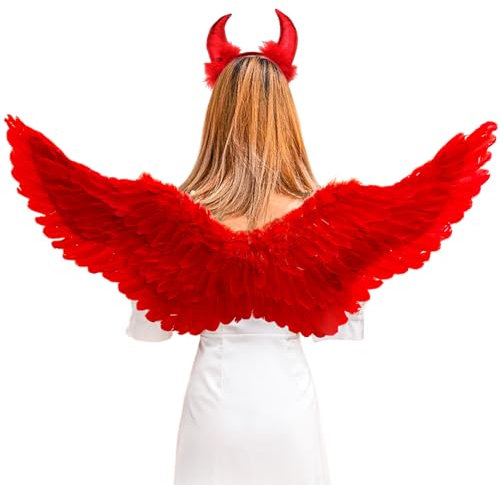 YIMOJOY Alas de Ángel Rojo Con Cuernos de Diablo, 105CM Adultos Señoras Traje de Plumas de Carnaval para Halloween Fiesta de Disfraces