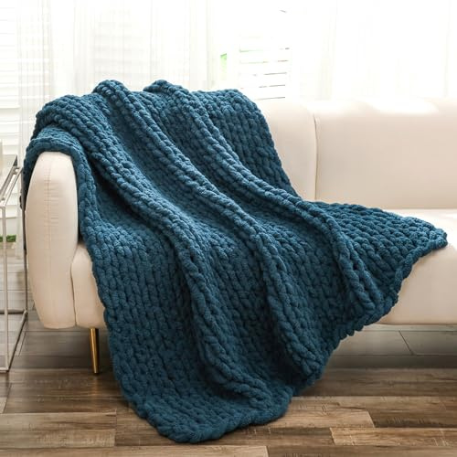 YAAPSU Ocean Blue 100% Chenille Chunky Knit Throw Blanket, 51x63