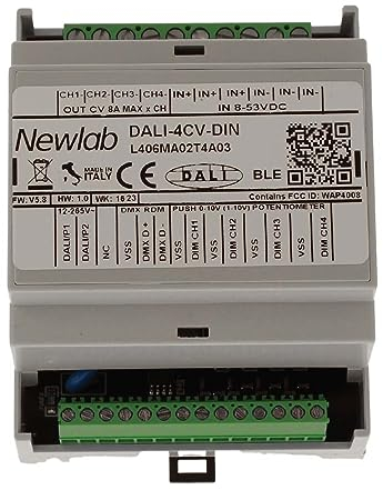 NEWLAB DALI-4CV-DIN, Led Dimmer 4 Canali in Tensione DC 12V 24V 48V, Ingresso DALI, Uscita in 4 Canali PWM, Made In Italy