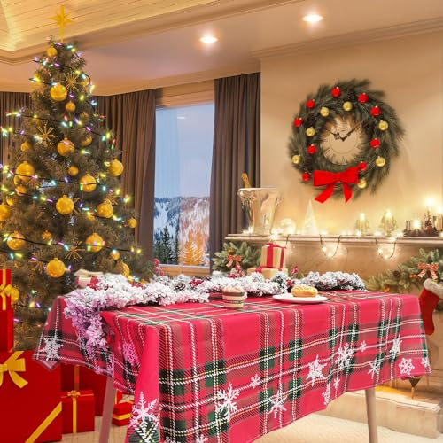 AIBIIN Weihnachten Karierte Tischdecke für Familie Abendessen Rot Tartan Plaid Schneeflocken Weihnachten Wasserdicht Tischdecke für Esszimmer Picknick Geburtstag Party Tischdekoration 142x259cm