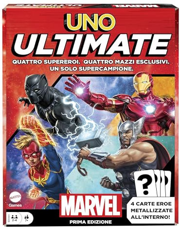 Mattel Games - UNO Ultimate Marvel - Das ikonische Spiel mit 4 laminierten Sammelkarten und Marvel Superhelden einschließlich Black Panther, Captain Marvel, Iron Man und Thor, Spielzeug für Kinder, 7+