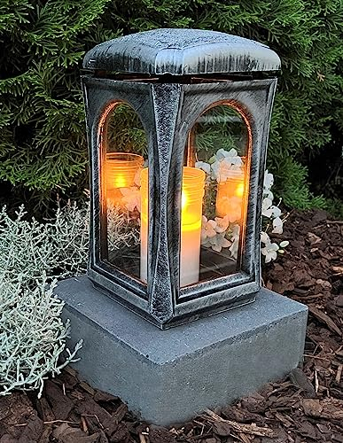 Grablampe mit Sockel Classico Premium Massiv Silber Rustikal 28,0cm Grabschmuck Grablaterne Grabkerze Grablicht Grableuchte Lampe Laterne Licht Kerze Trauer Friedhof Garten