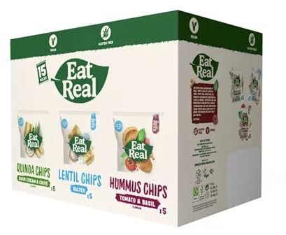 Eat Real Crisps Vegan & Healthy Snacks Variety Box Pack of 21 Mix of Quinoa, Lentil & Hummus Chips