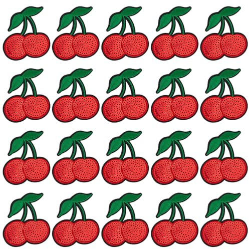 INFUNLY 20PCS Cherry Sequins Iron On & Sew On Patches - Heart Shaped, Fruity Nature, Red Color, Fabric Applique Patches
