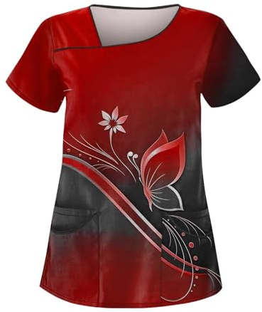 DHYUEN Krankenhaus Schlupfhemd Damen Kurzarm Damen Pflege Mit Weihnachten Kordelzug Laborkittel Damen Weihnachtsshirt Frauen Männer Kasacks Damen Pflege（Wein,M