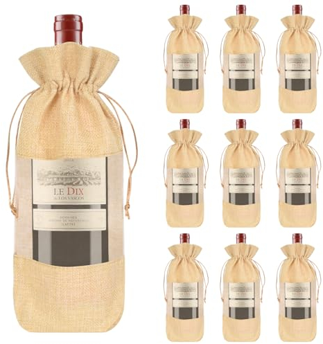 Colexy Bolsas para botellas de vino con ventana, bolsas de vino de arpillera, 10 unidades de yute, bolsas de vino reutilizables con cordón para cumpleaños, bodas, baby part, catas de vino, amarillo,