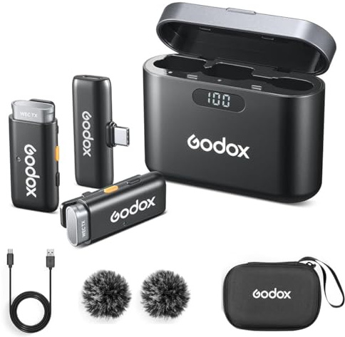 Godox WES 2 Kit2 2,4 GHz USB-C Kabelloses Mikrofonsystem mit Ladekoffer für Android und Apple iPhone 15
