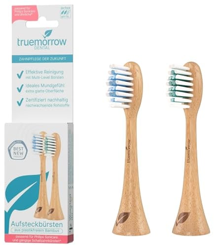 truemorrow Nachhaltige Ersatzbürsten aus Bambus für Philips Sonicare Schallzahnbürste | 2 Stück | plastikfreier biologisch abbaubarer Griff | vegan klimaneutral | Mittlere Borsten