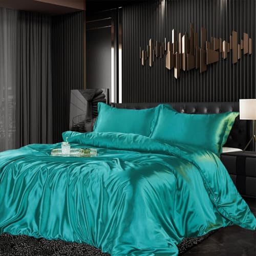 Gezu Bettwäsche Set Satin 155x220cm 3teilig Glänzend Grün Silky Touch Glänzend Seide Einfarbig Bettbezug Set Glatt Luxus Bettwäsche Set weicher Doppelbettmit Reissverschluss und Kissenbezüge 80x80cm