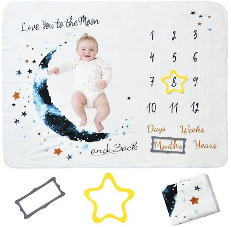 QSLKI 3-teiliges Set Baby Meilenstein Decke, Baby Monatsdecke Neugeborene Junge oder Mädchen, Babydecke Fotodecke mit Meilensteindecke und Rahmen, personalisiertes Babypartygeschenk für Neue Mütter