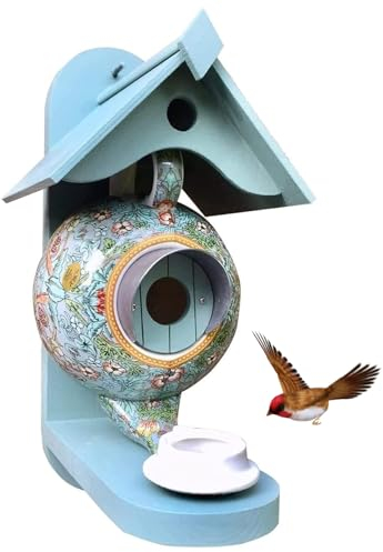 Hanging Bird House and Feeder Decorative Teapot Wooden Ceramic Bird Table Cyan with Waterproof Roof Outside Natural Garden Bird House Feeder for Hummingbirds, Bluebird, Hanging Bird Feeder